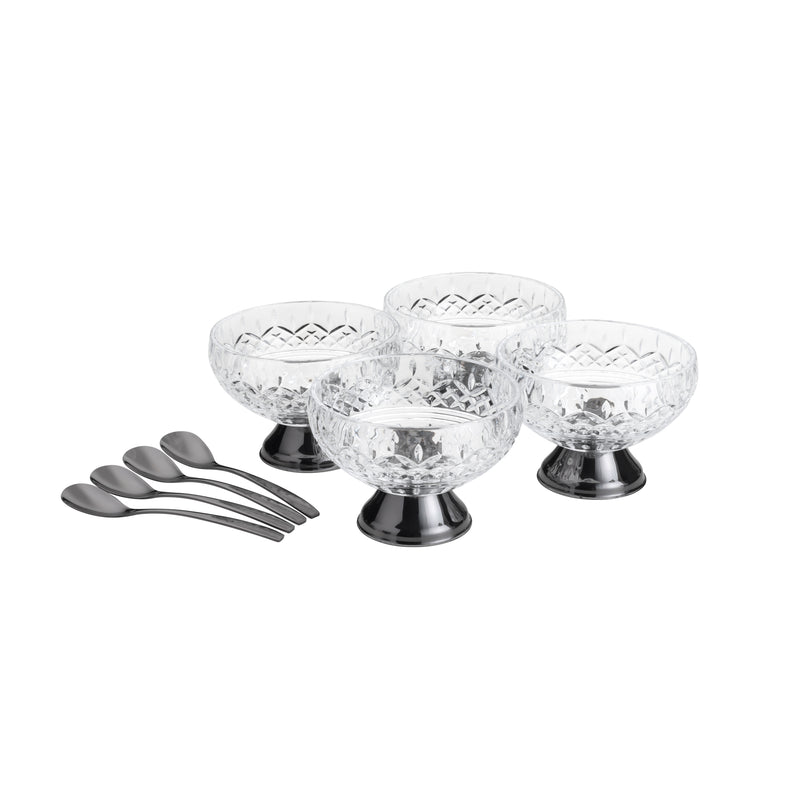 Lys Collection Black Crystal Dessert Bowls with Spoons Set of 4