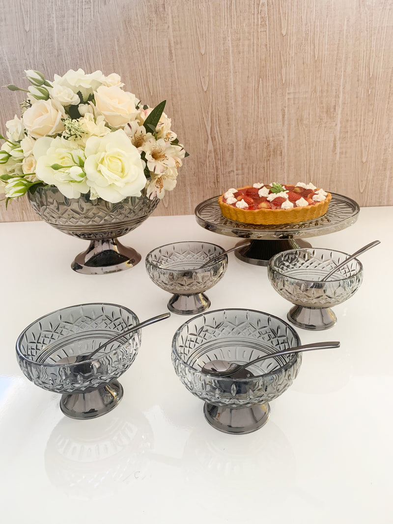 Lys Collection Grey Crystal Dessert Bowls with Spoons Set of 4
