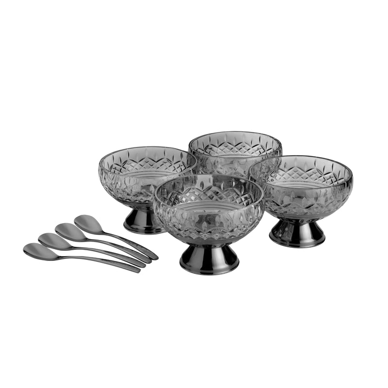 Lys Collection Grey Crystal Dessert Bowls with Spoons Set of 4
